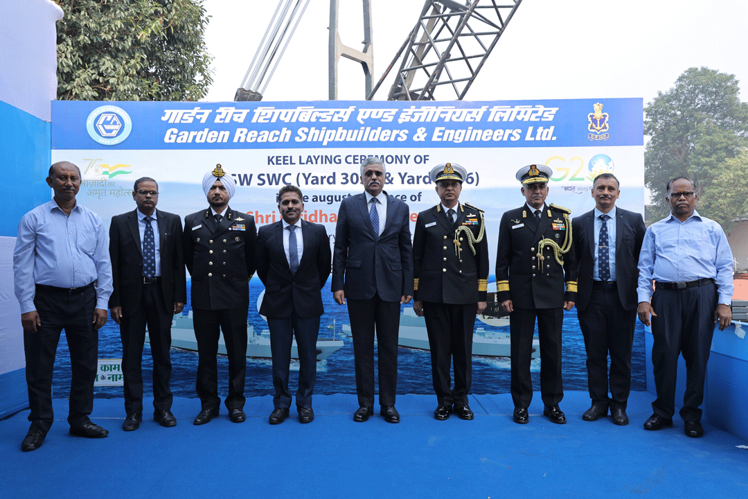 Twin Keel Laying of In-house designed ASW SWCS (Yard 3033 & 3036) at GRSE RBD Unit on 31 Dec 22