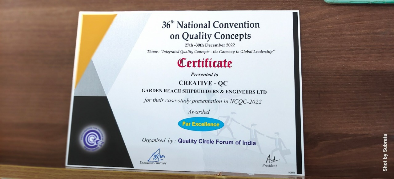 07 Quality Control teams from GRSE won Excellence and Par Excellence awards at the 36th NCQC22, Aurangabad, Maharashtra on 29 Dec 22