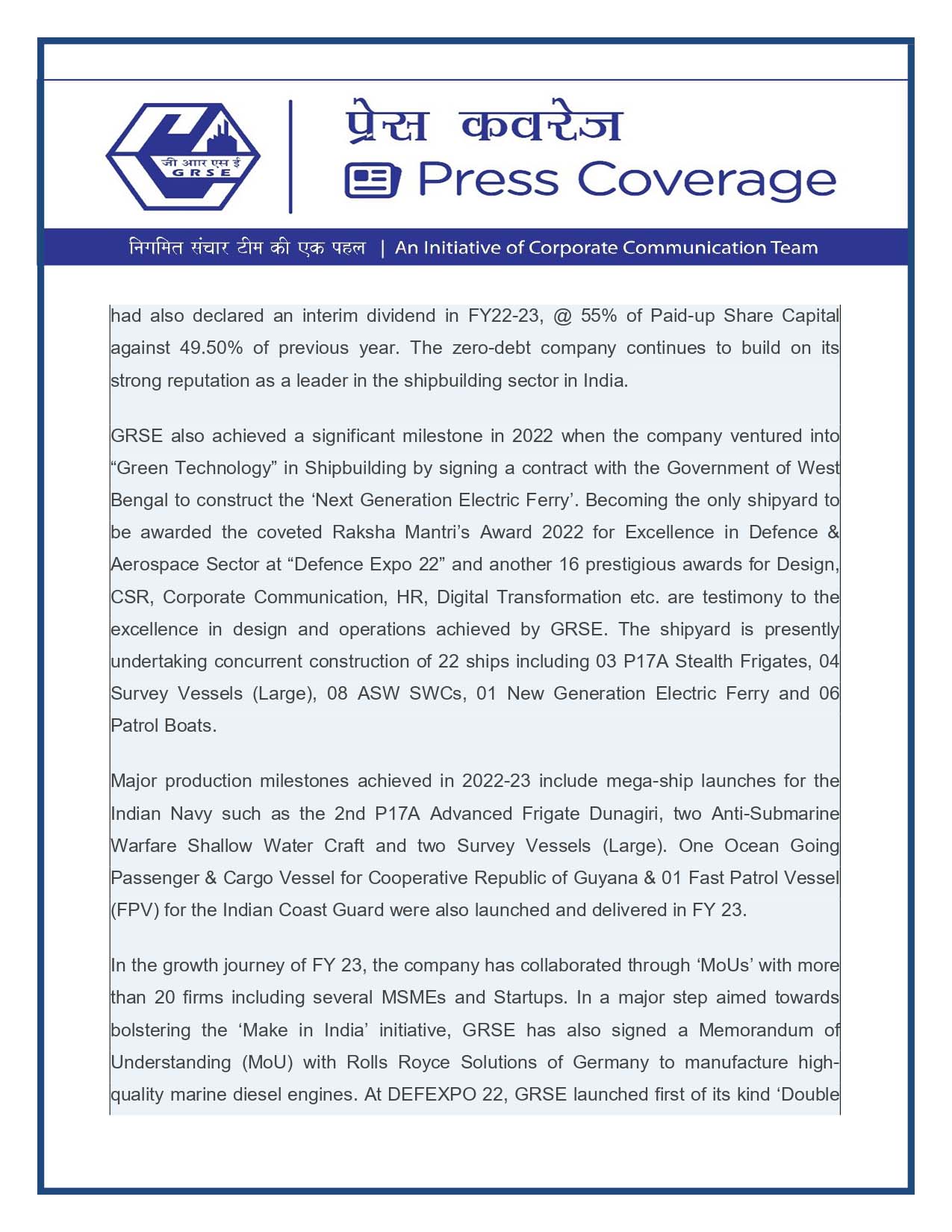 GRSE Ends FY23 on a High : Records Highest Turnover with YoY Growth of 45% & Sees Order Book Surge by 3500 Cr