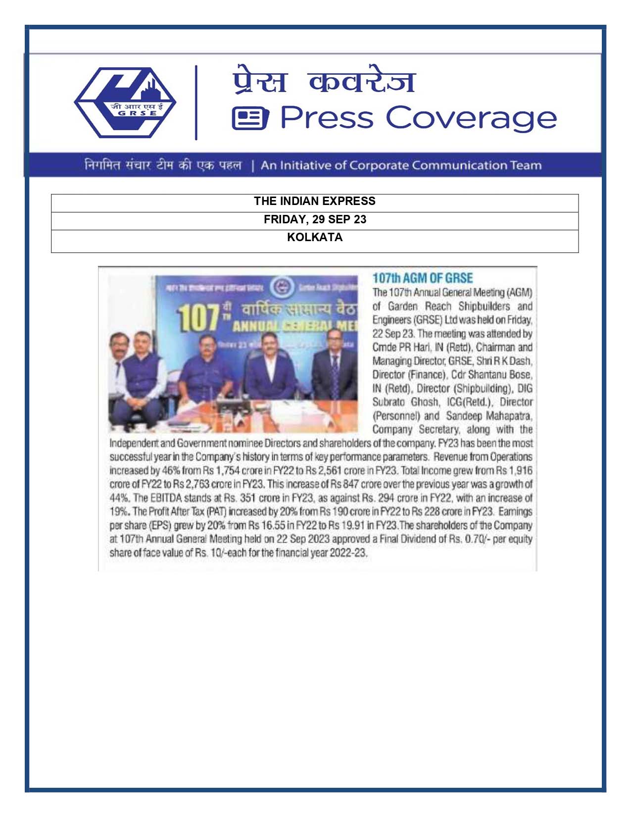 Press Coverage : The India Express, 29 Sep 23 : 107th AGM of GRSE