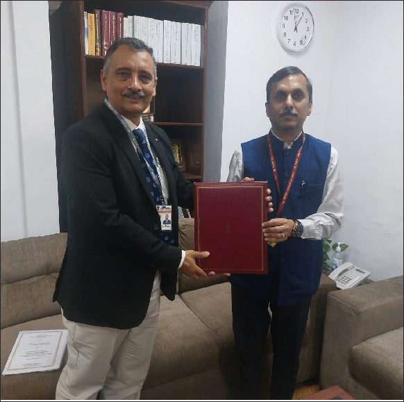 Contract for Short Refit of Seychelles FPV, SCG PS Zoroaster signed between Addl. Secretary, MEA, Shri Punit Agarwal & Director (Shipbuilding), GRSE, Cdr Shantanu Bose, IN(Retd.) on 22 Mar 24 - Thumbnail