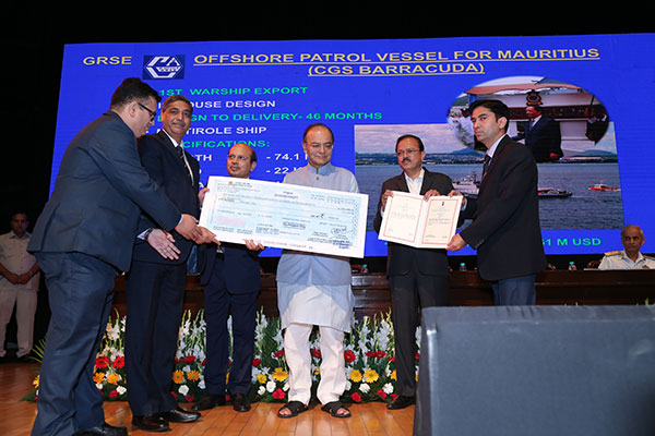 Raksha Mantri Excellence Award Ceremony in respect of OFB and Defense Undertakings for the year 2015-16 for the year 2015-16, led by Rear Admiral VK Saxena, Bhanou, (Retd) CMD, GRSE, team of senior officers of GRSE participated in. GRSE was awarded the award for 'Mauritius - In-house Design Efforts in Offshore Patrol Vessel for CGS Barracuda'.