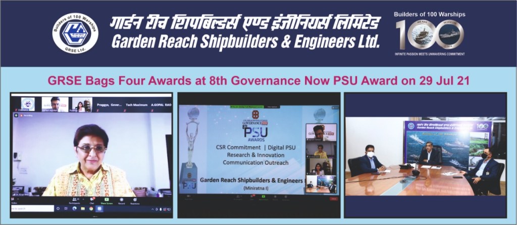 GRSE wins four awards at 8th Governance Now PSU Awards on 29 Jul 21