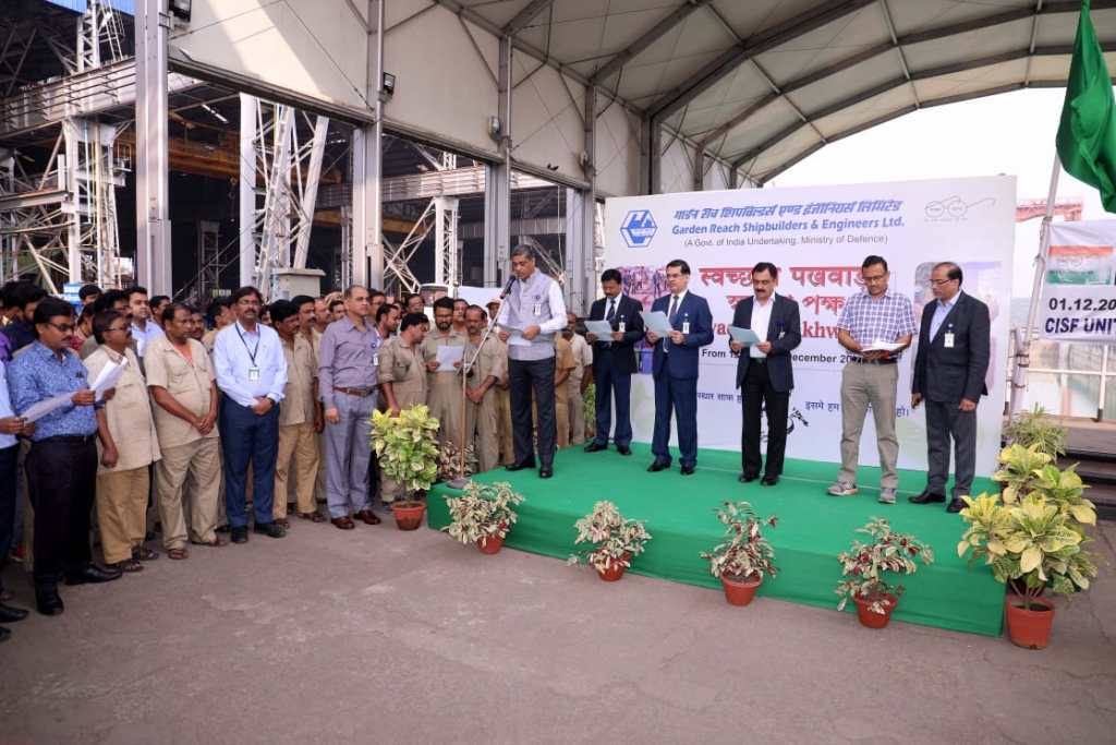 Image 1 - Celebration of Swachhta Pakhwada 2018 from 01 -15 Dec 18. On 01 Dec 18, two events were observed including Oath Taking Ceremony across all Units and Swachhta Shramdann outside the shipyard's Main Unit