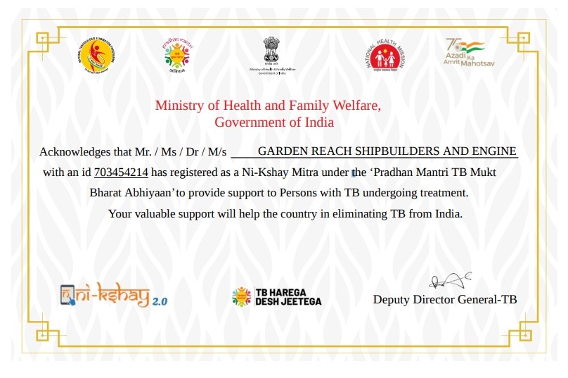 Certificate of Appreciation from Central TB Division, MOHFW, GOVT. OF INDIA for valuable contribution to the country’s fight against Tuberculosis 16 Dec 22