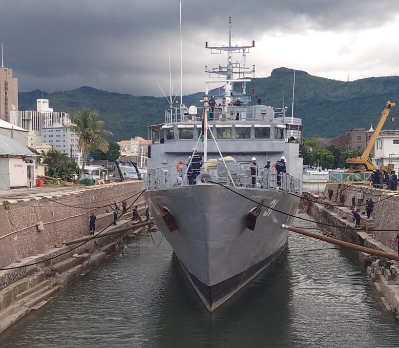 Undocking of MCGS Barracuda from M/S Taylor Smith Dry Dock at Mauritius post completion of Shafting Defect Rectification by GRSE-LED team on 14 Apr 23