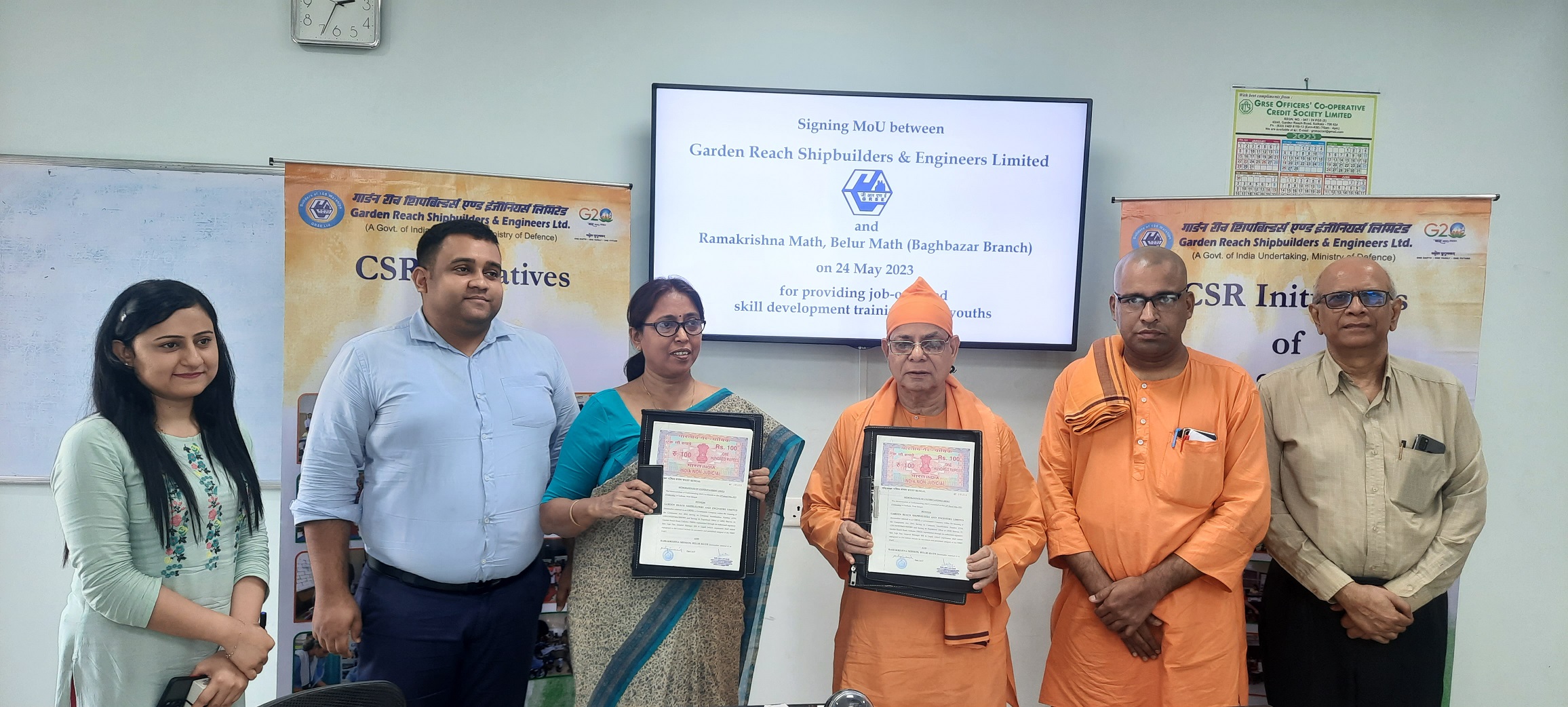 GRSE signed MOU with Ramkrishna Math, Baghbazar for providing Job-Oriented Skill Development Vocational Training to youths at Ma Sarada Swanirvar Kendra, Chitpur on 24 May 23