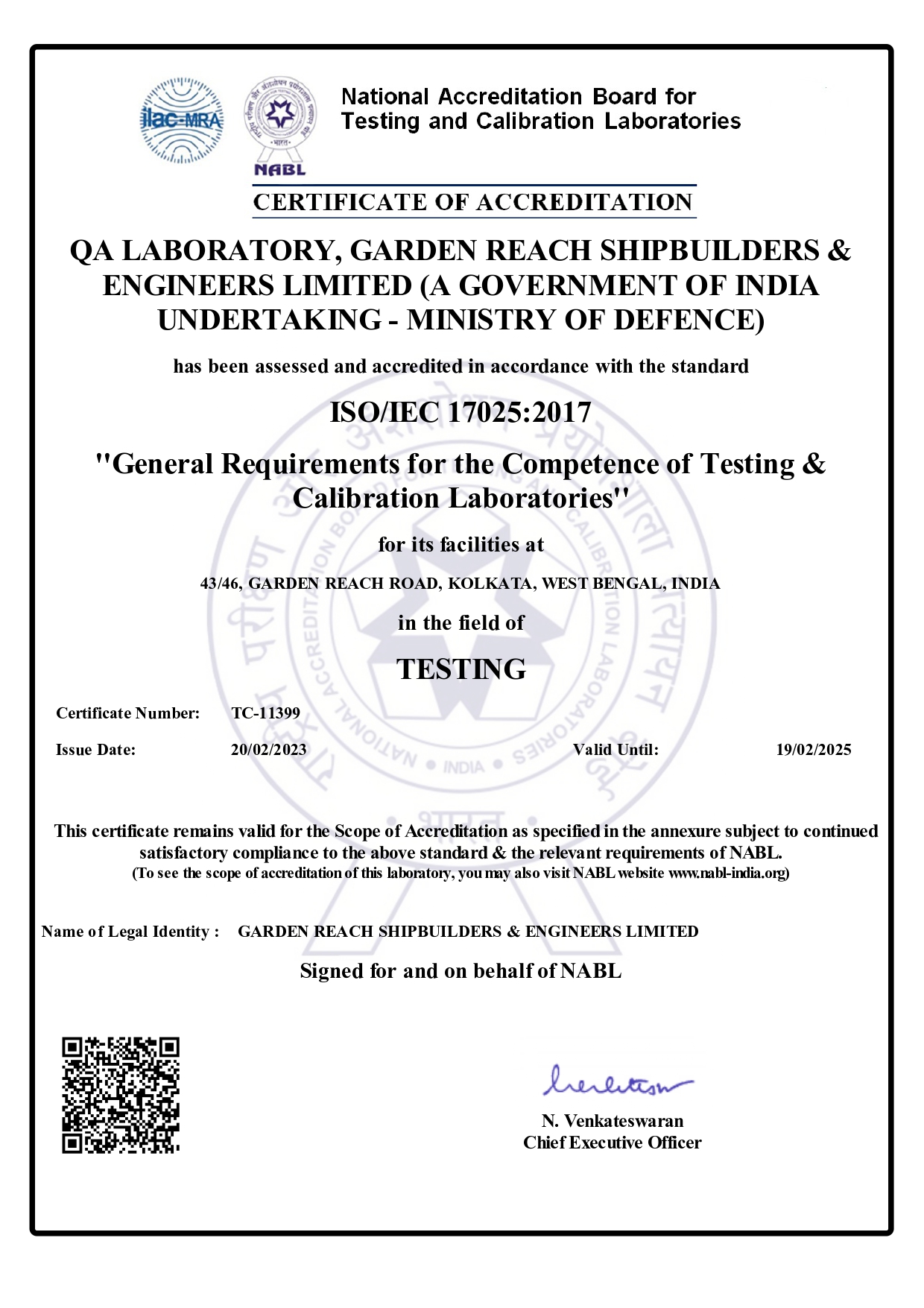 Image 2 - QA Laboratory, GRSE received NABL accreditation in Non-Destructive Testing (NDT) services W.E.F 20 Feb 23 on 17 Mar 23