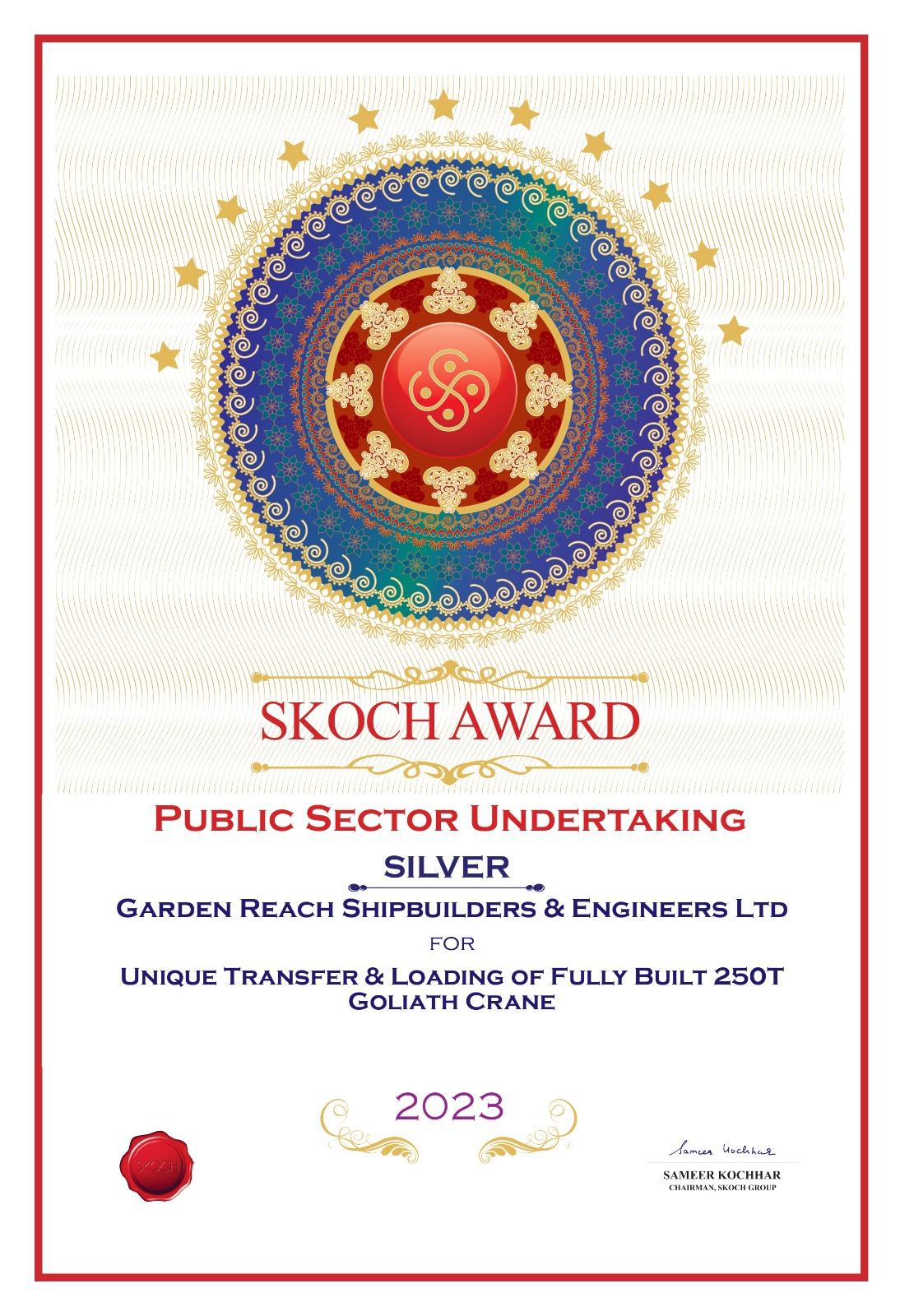 GRSE received prestigious 91st SKOCH Awards for the project “Unique Transfer & Loading of fully built 250T Goliath Crane” on 04 May 23