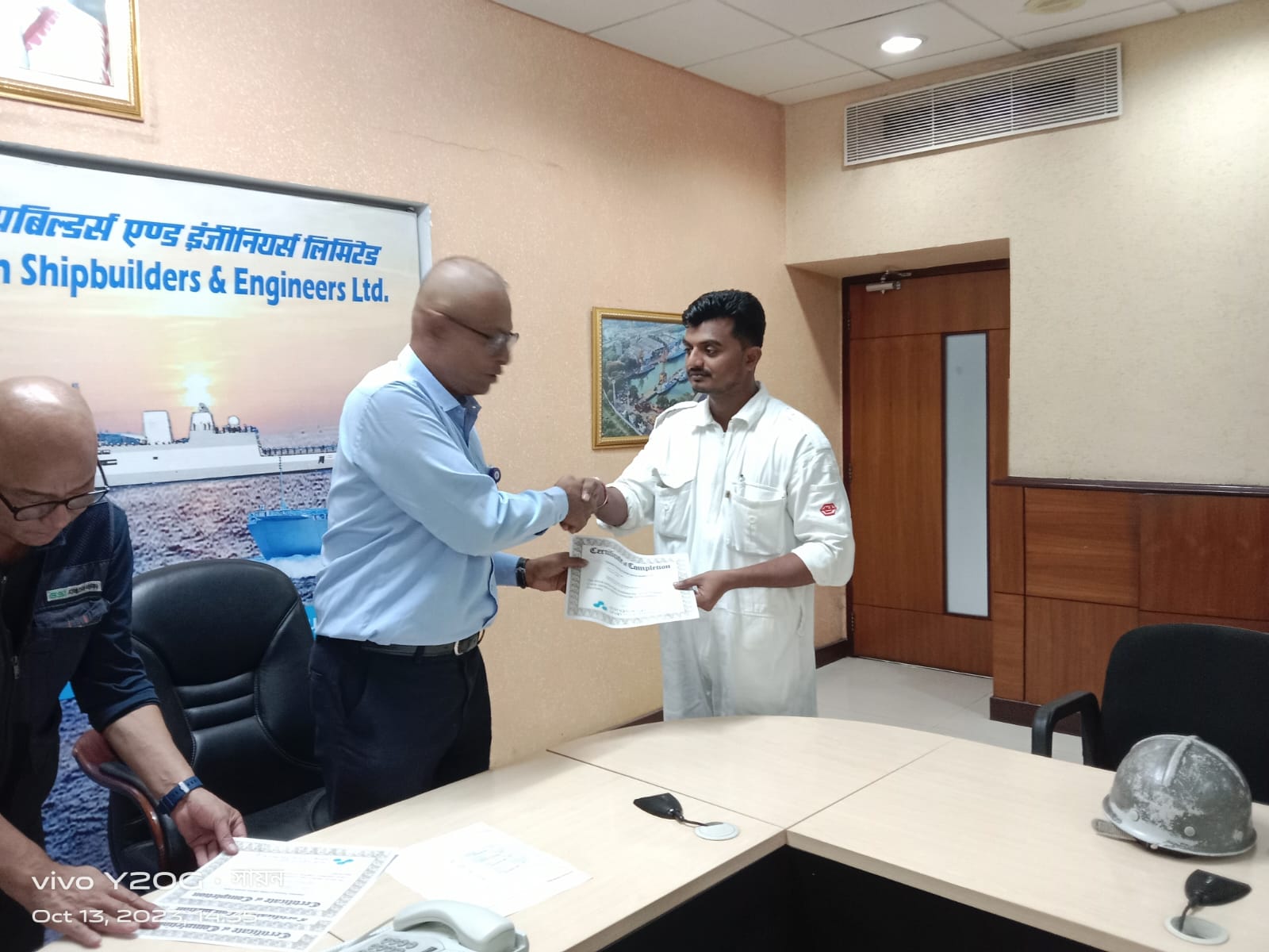 Certificates awarded by CGM (Main Works) to GRSE employees for Completing Training on the 250-Ton Goliath Crane at the Main Unit on 13 Oct 23