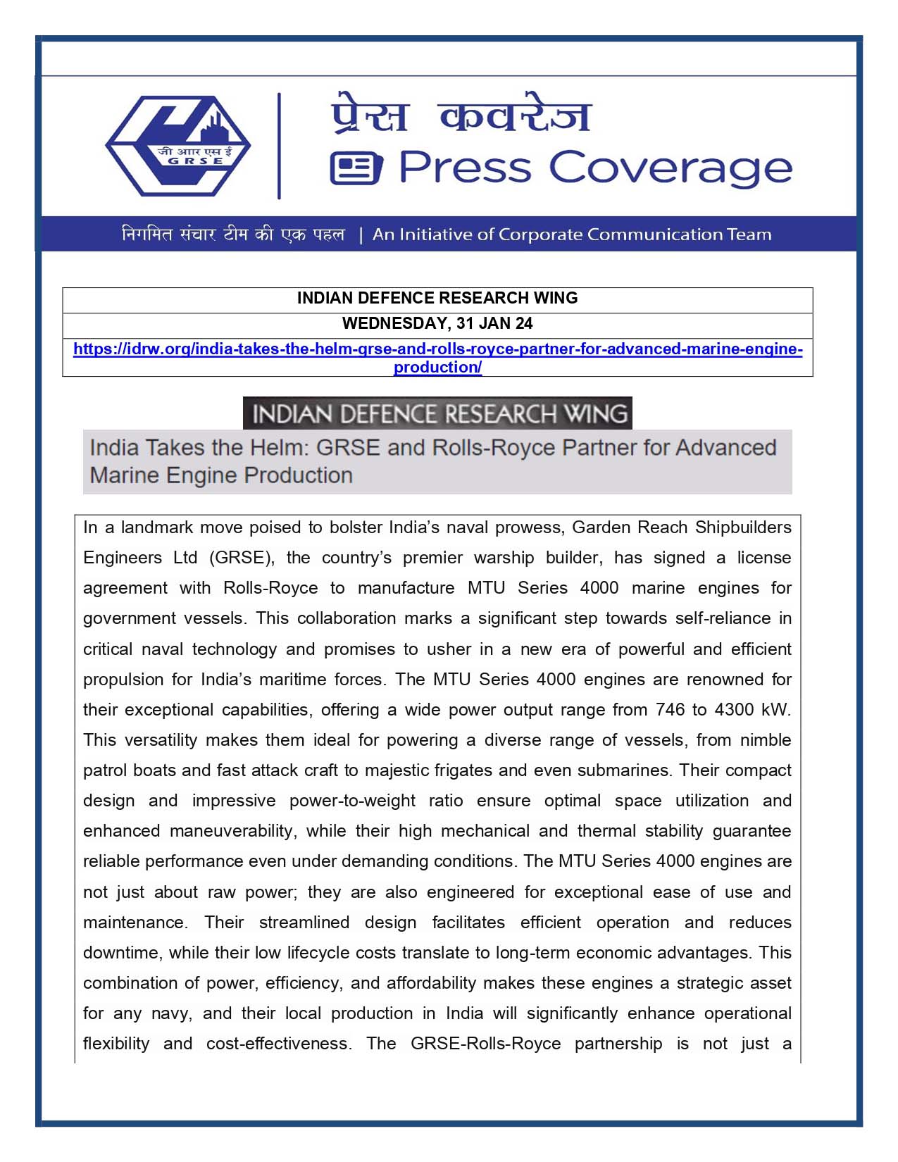 Press Coverage : Indian Defence Research Wing, 31 Jan 24 : GRSE and Rolls-Royce Partner for Advance Marine Engine Production