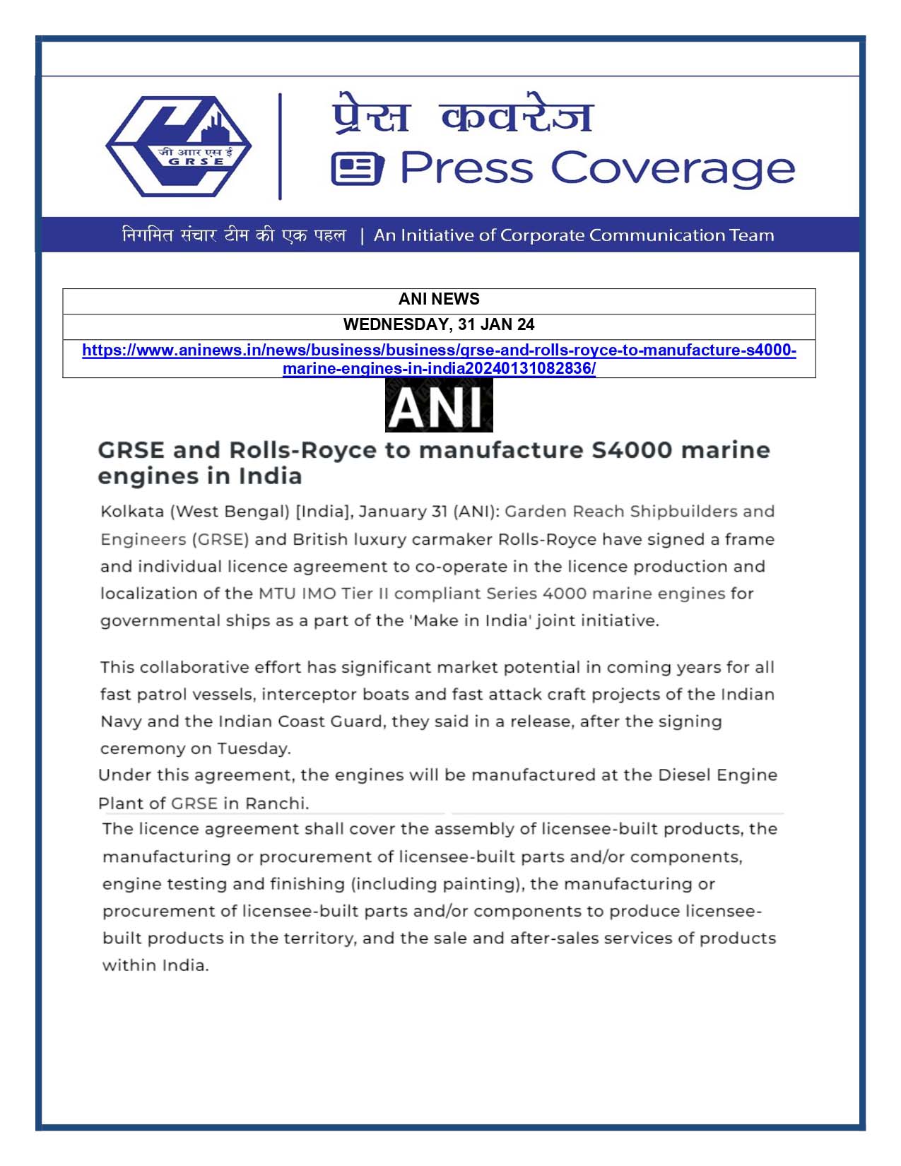 Press Coverage : ANI, 31 Jan 24 : GRSE and Rolls-Royce to manufacture S4000 marine engines in India