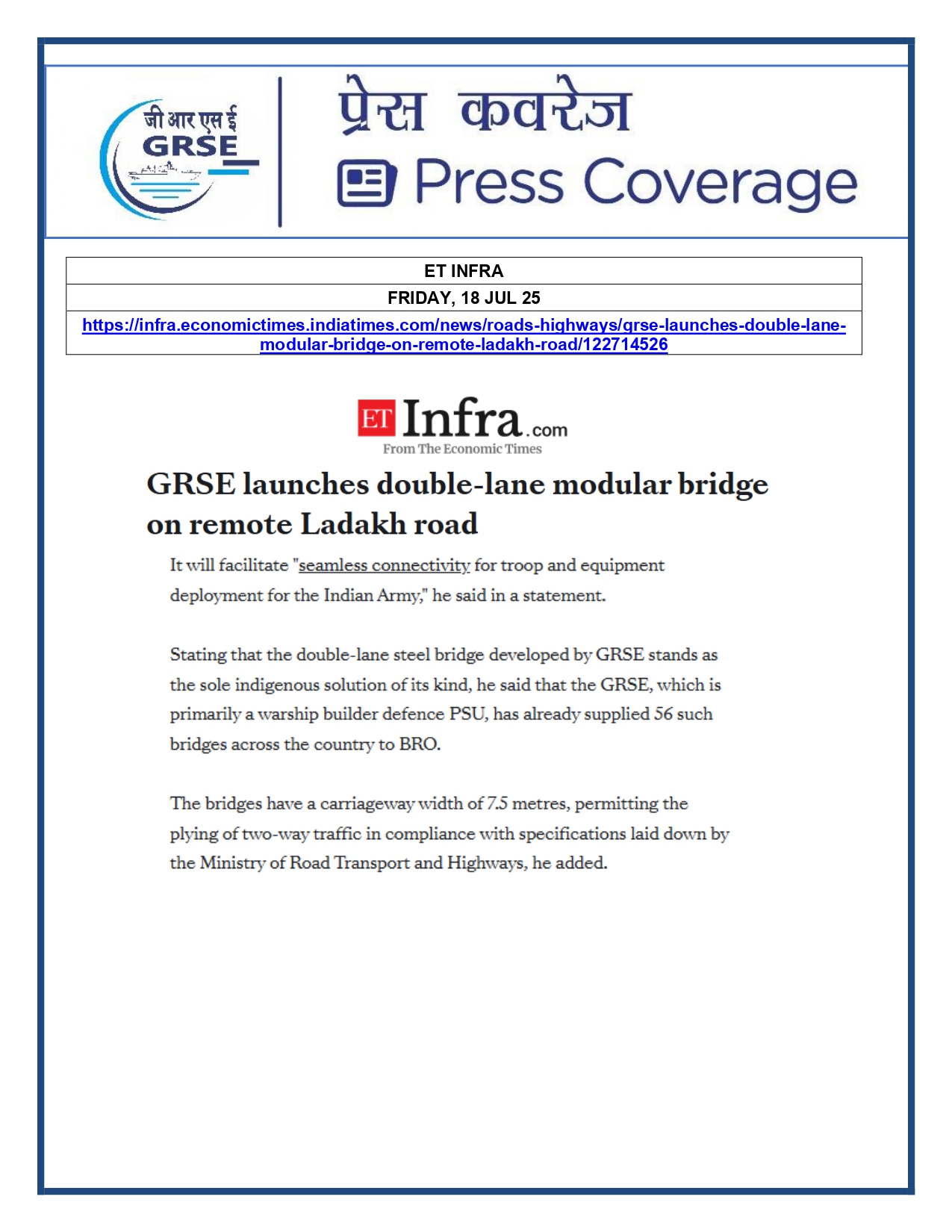 Press Coverage : 18 July 25:GRSE launches double-lane modular bridge on remote ladakh road