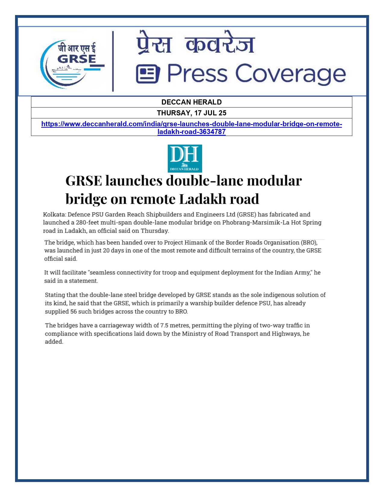 Press Coverage : 17 July 25:GRSE launches double-lane modular bridge on remote ladakh road