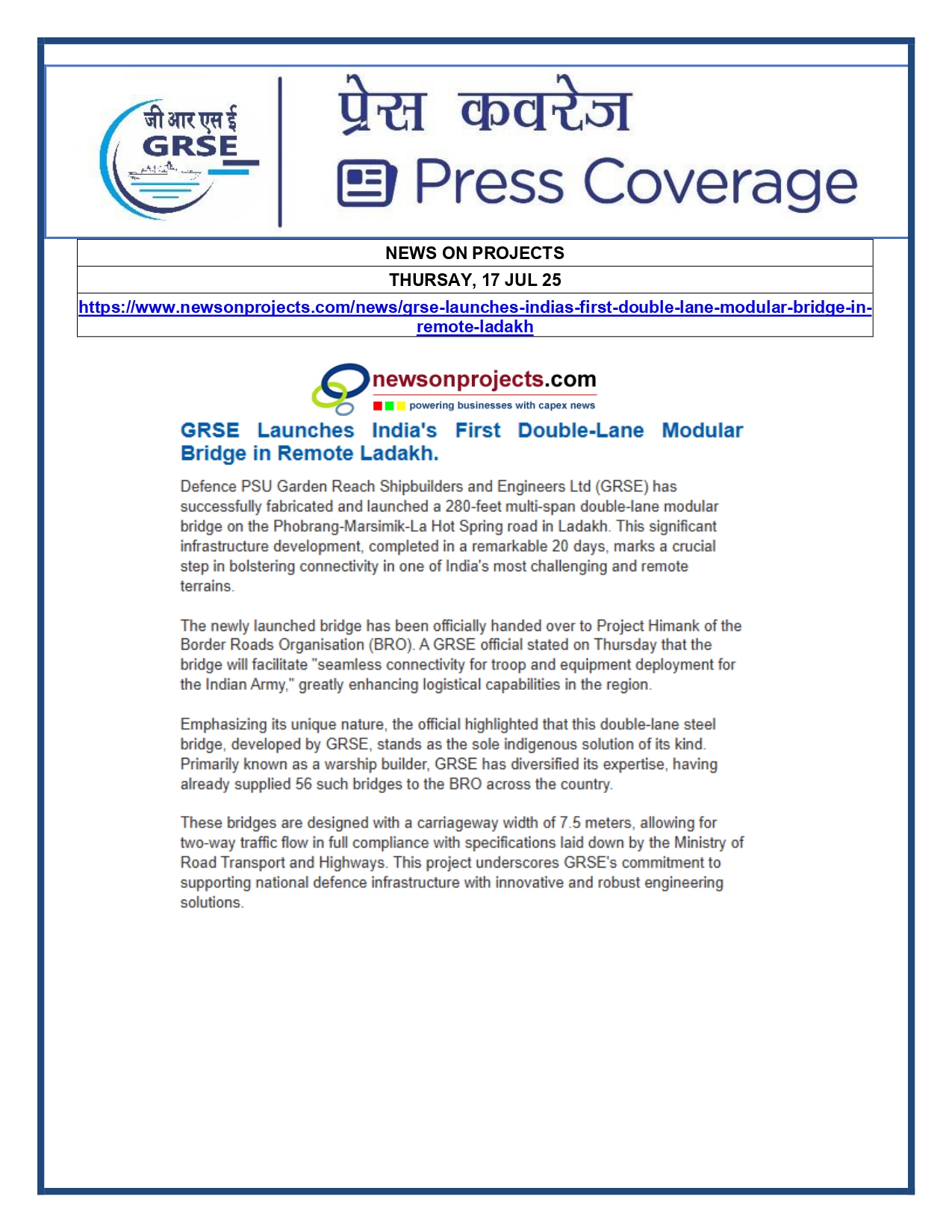 Press Coverage : 17 July 25:GRSE launches double-lane modular bridge on remote ladakh road