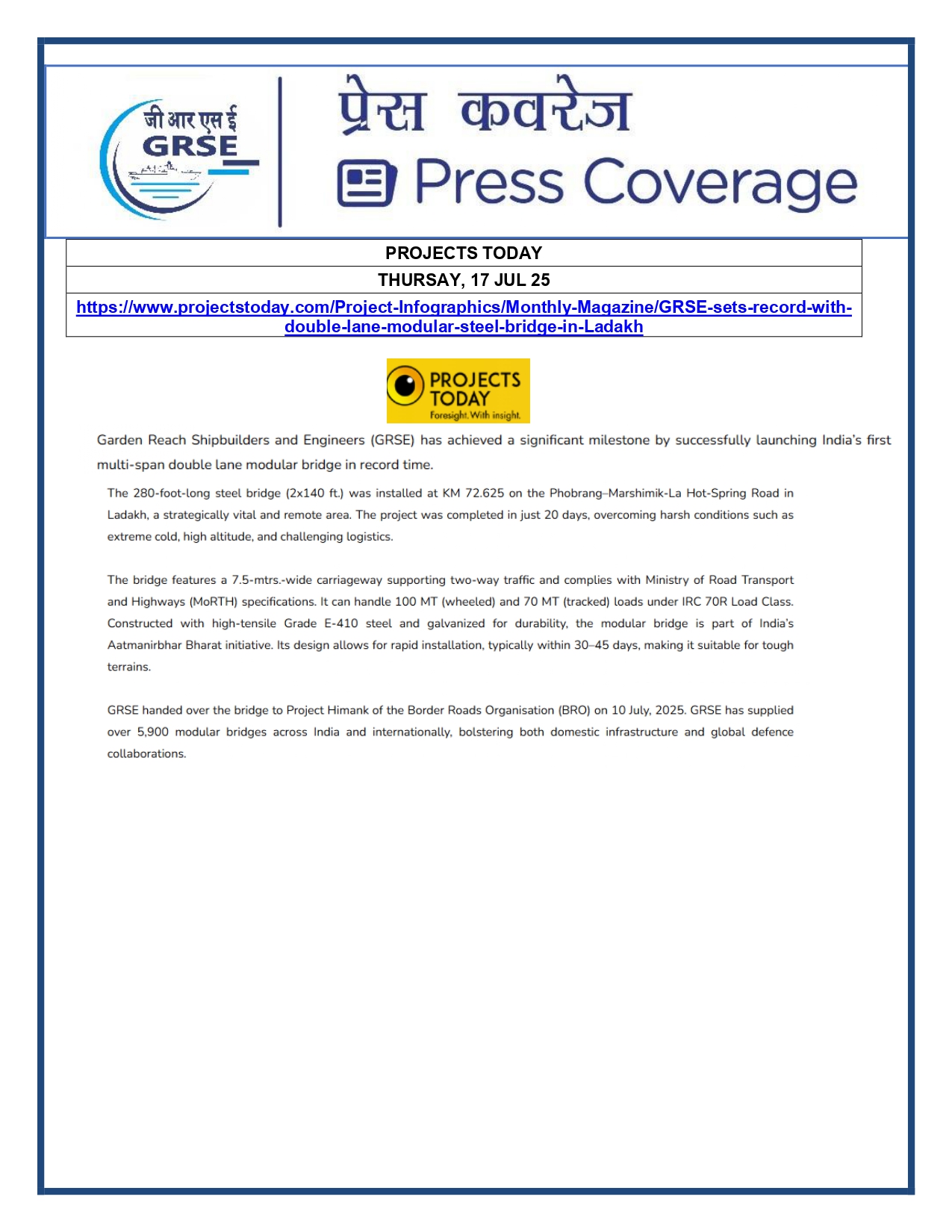 Press Coverage : 17 July 25:GRSE launches double-lane modular bridge on remote ladakh road