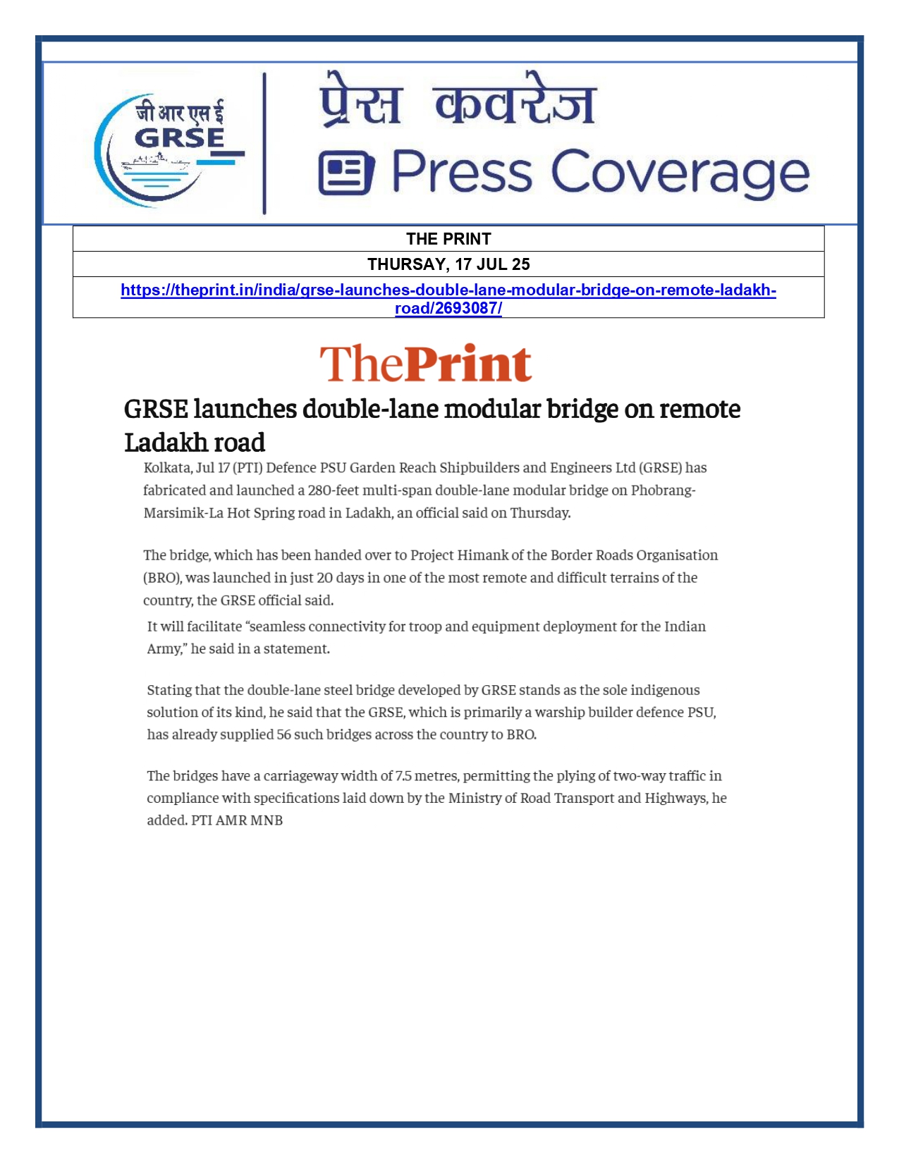 Press Coverage : 17 July 25:GRSE launches double-lane modular bridge on remote ladakh road