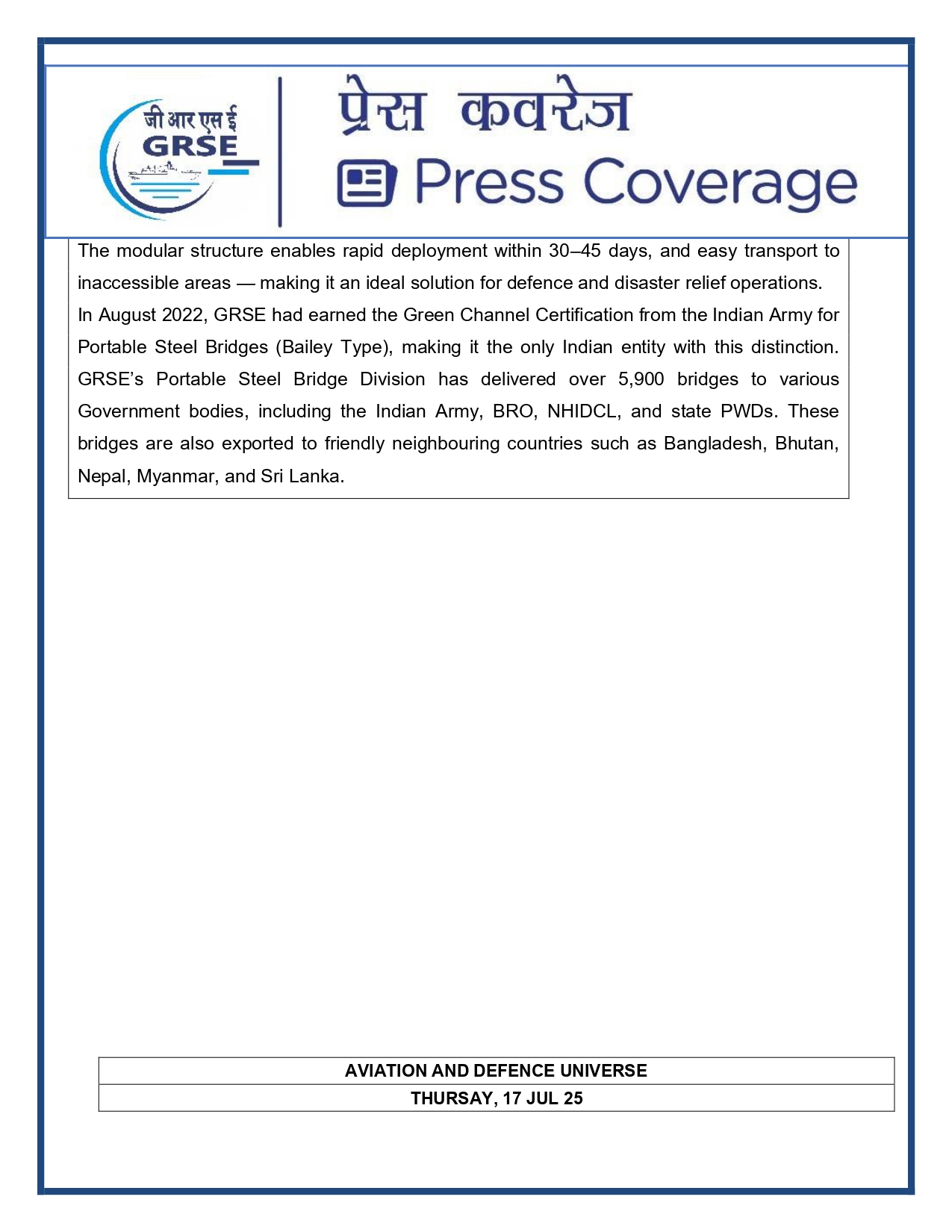 Press Coverage : 17 July 25:GRSE launches double-lane modular bridge on remote ladakh road