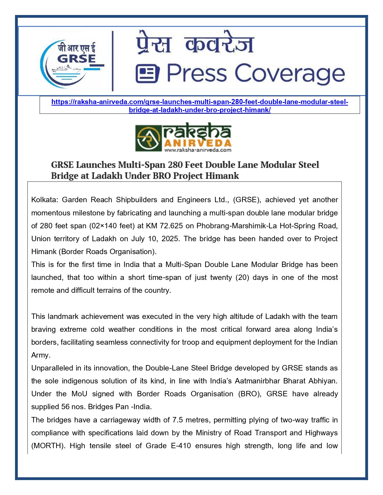 Press Coverage : 17 July 25:GRSE launches double-lane modular bridge on remote ladakh road