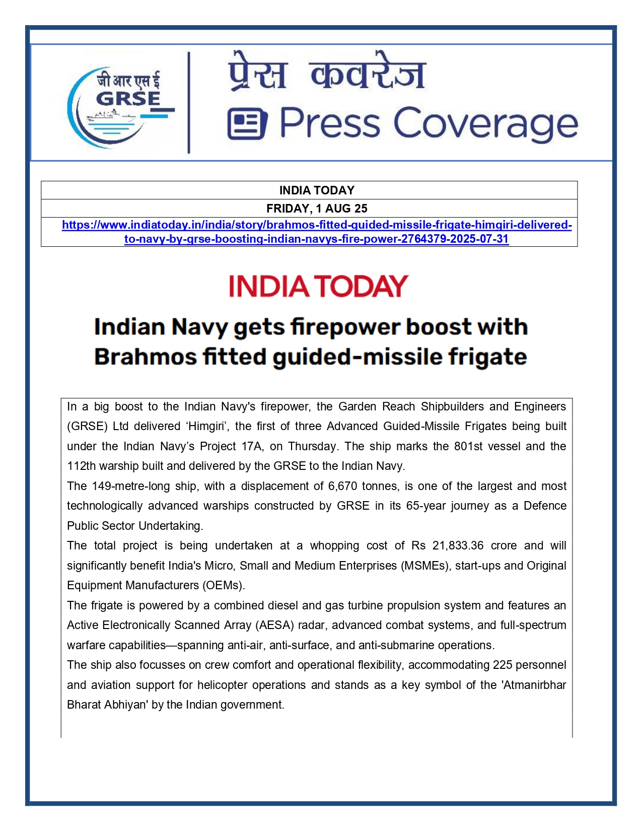 Press Coverage : 1 Aug 25:Another indigenous warship joins Navy