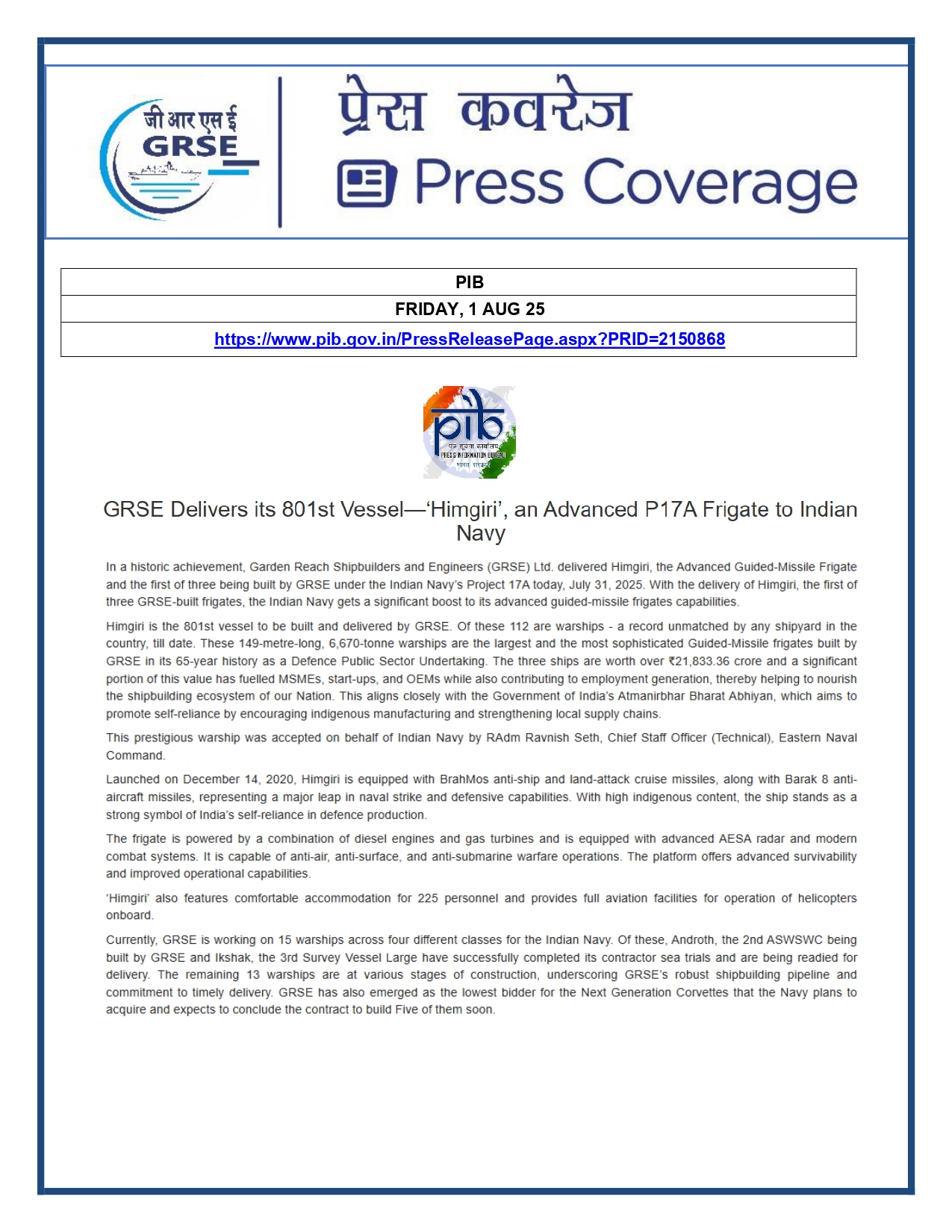 Press Coverage : 1 Aug 25:Another indigenous warship joins Navy