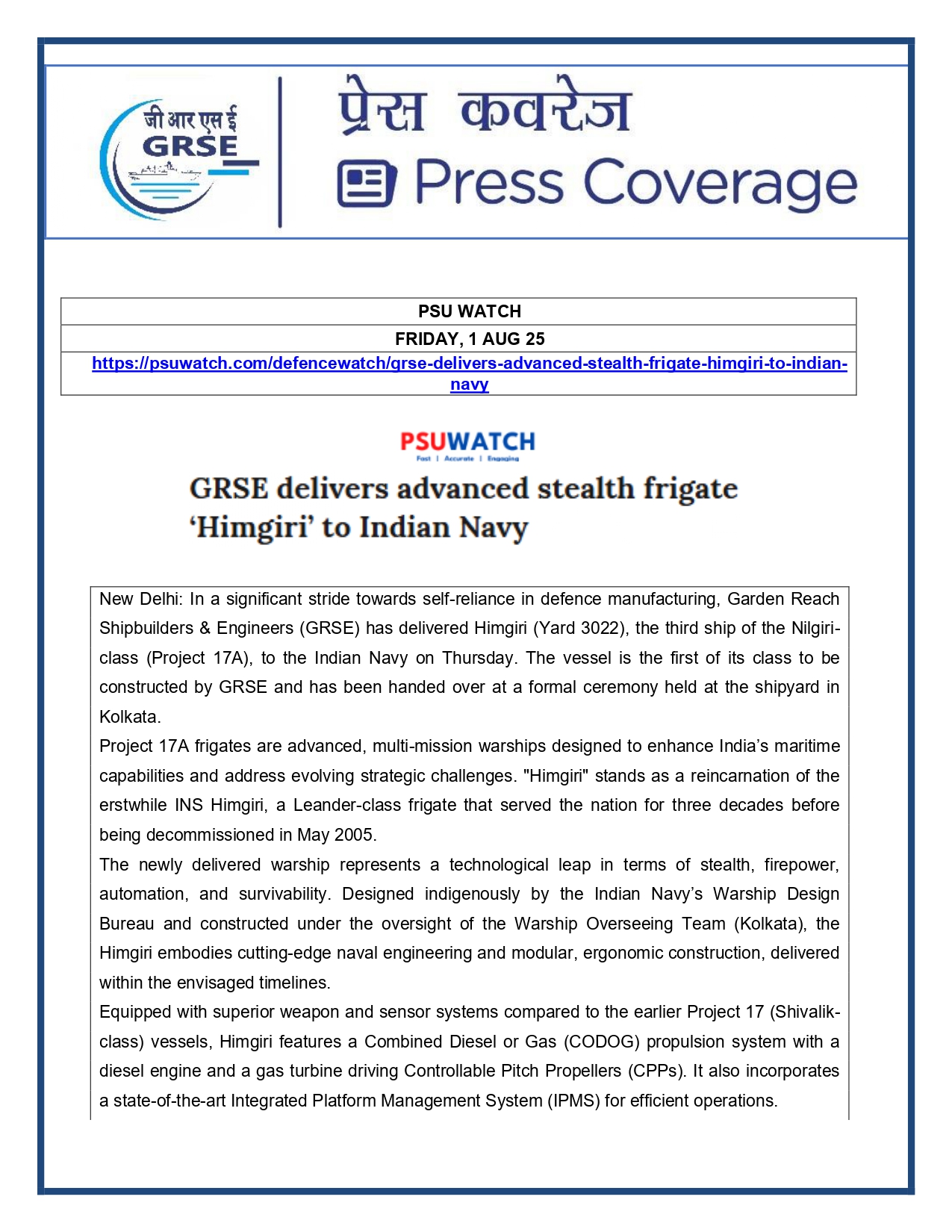 Press Coverage : 1 Aug 25:Another indigenous warship joins Navy