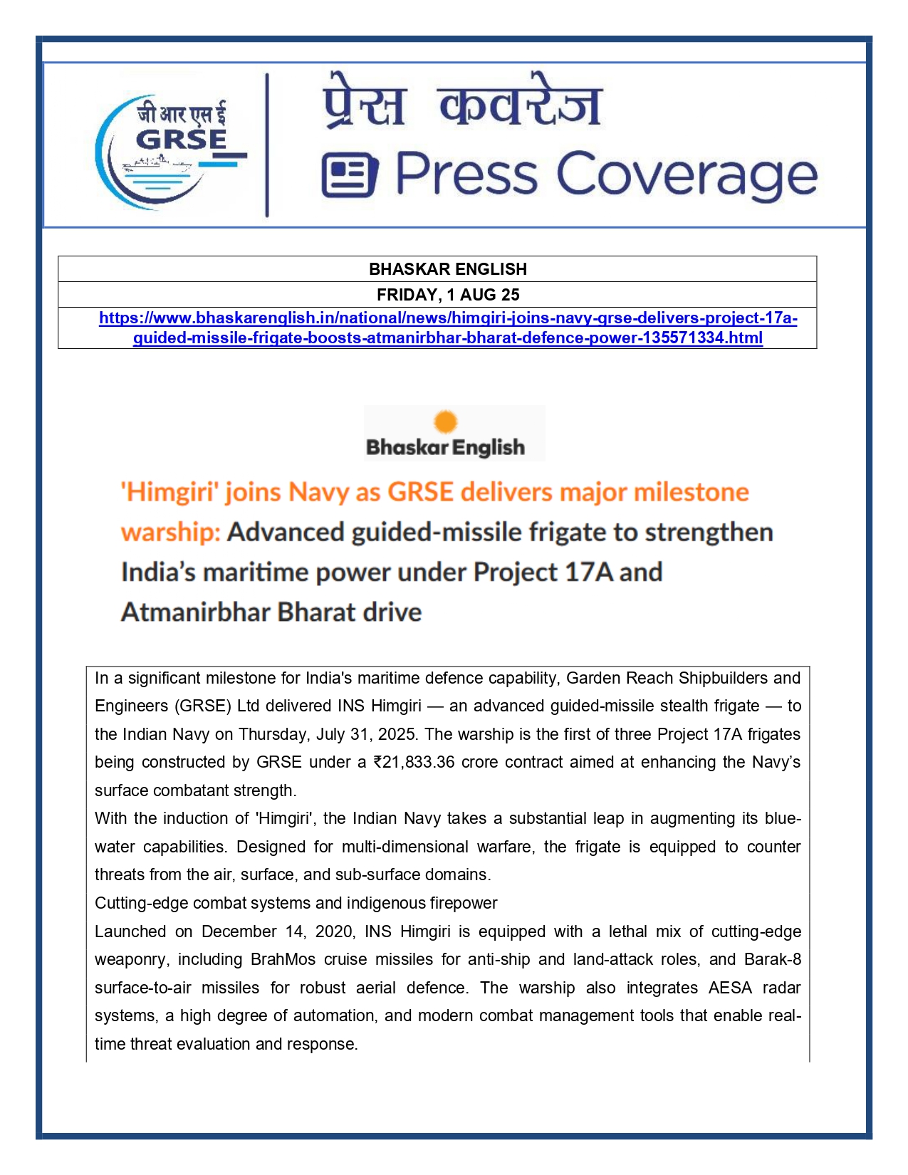 Press Coverage : 1 Aug 25:Another indigenous warship joins Navy