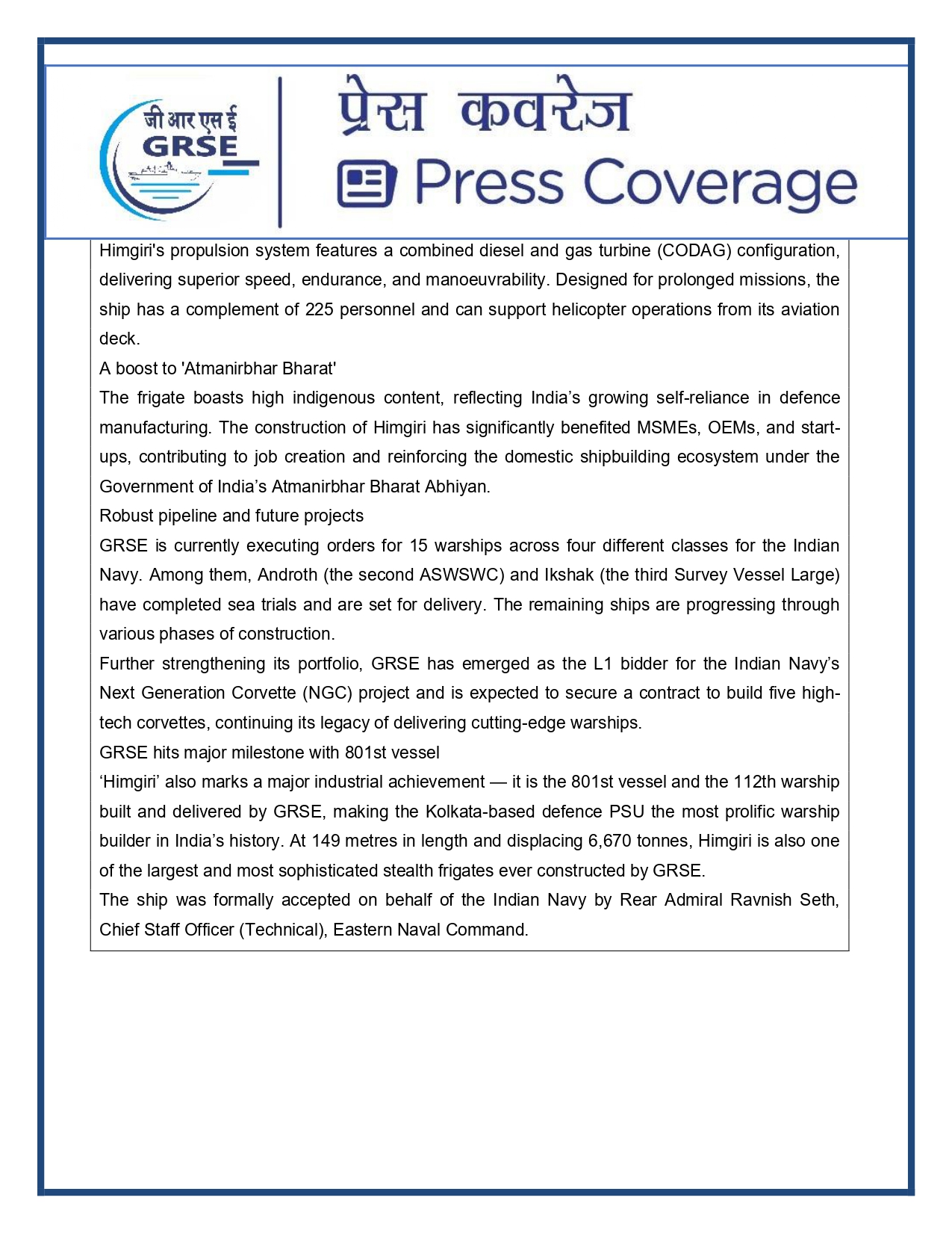 Press Coverage : 1 Aug 25:Another indigenous warship joins Navy