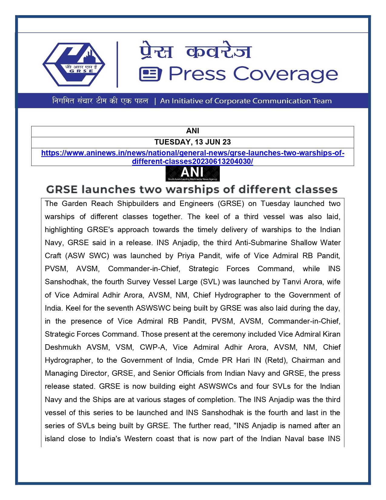 GRSE launches two warships of different classes