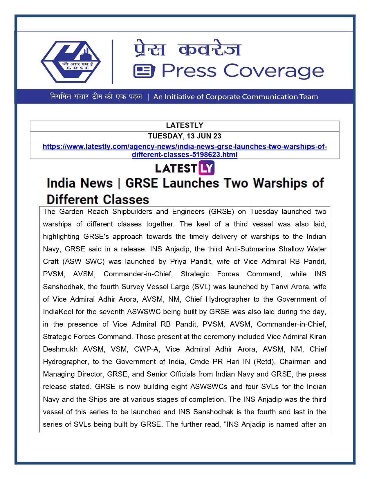 GRSE launches two warships of different classes