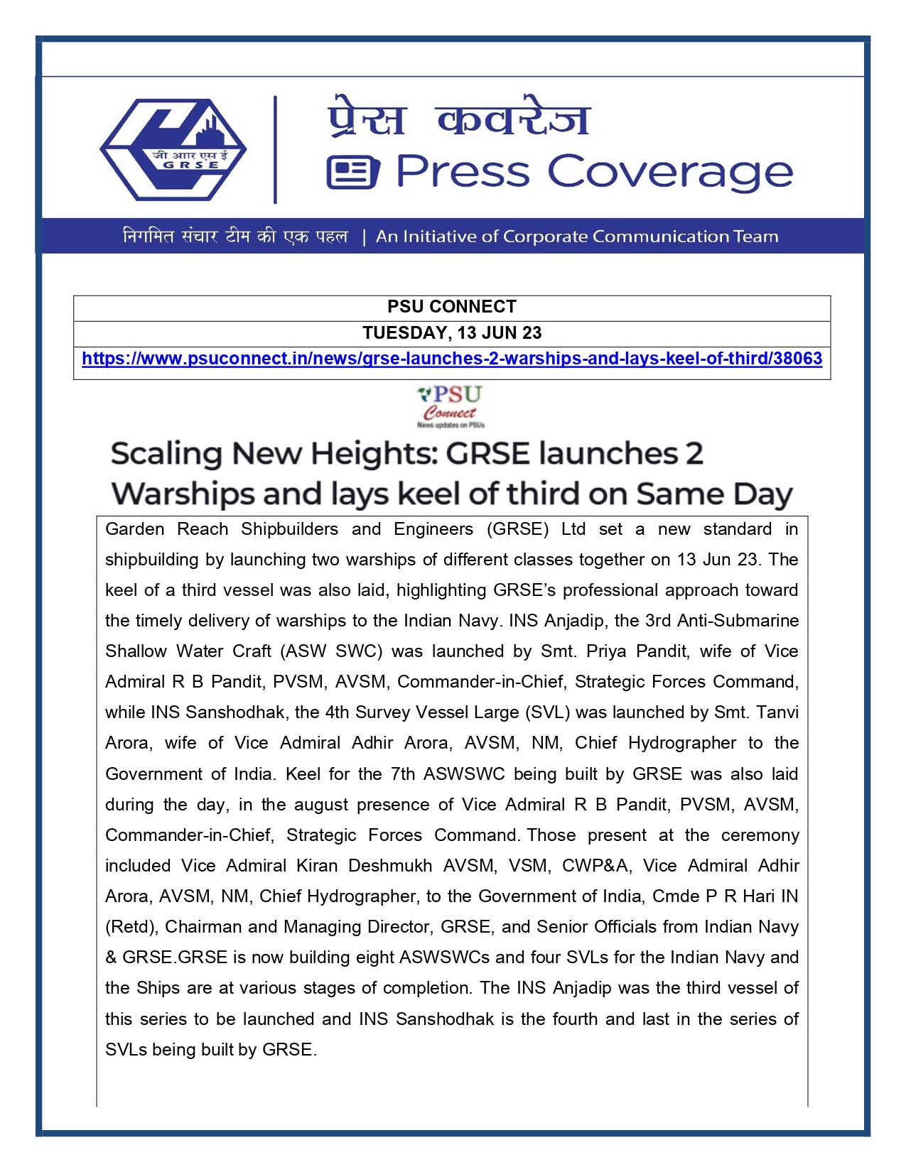 Scaling New Heights : GRSE launches 2 Warships and lays keel of third on Same Day