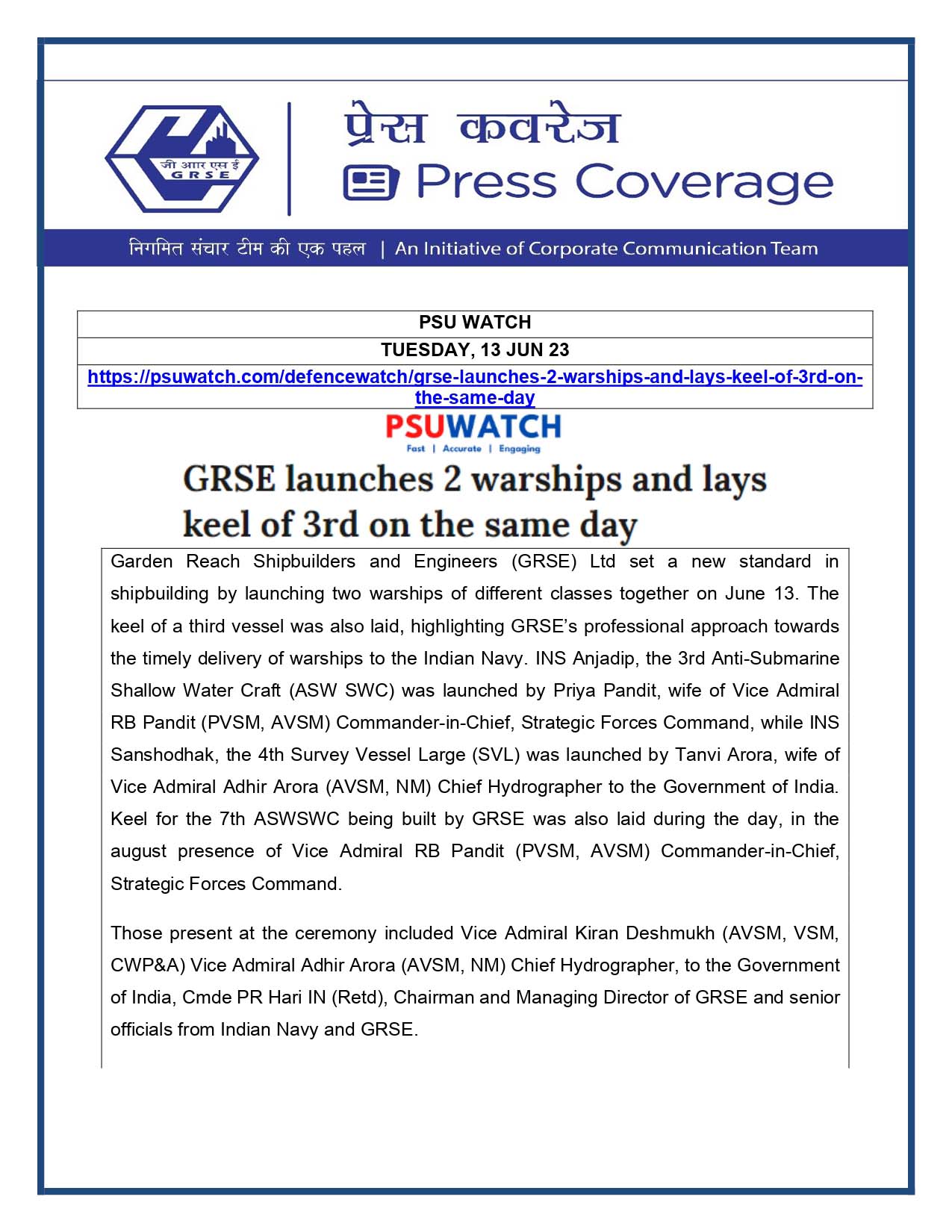 GRSE launches 2 warships and lays keel of 3rd on the same day