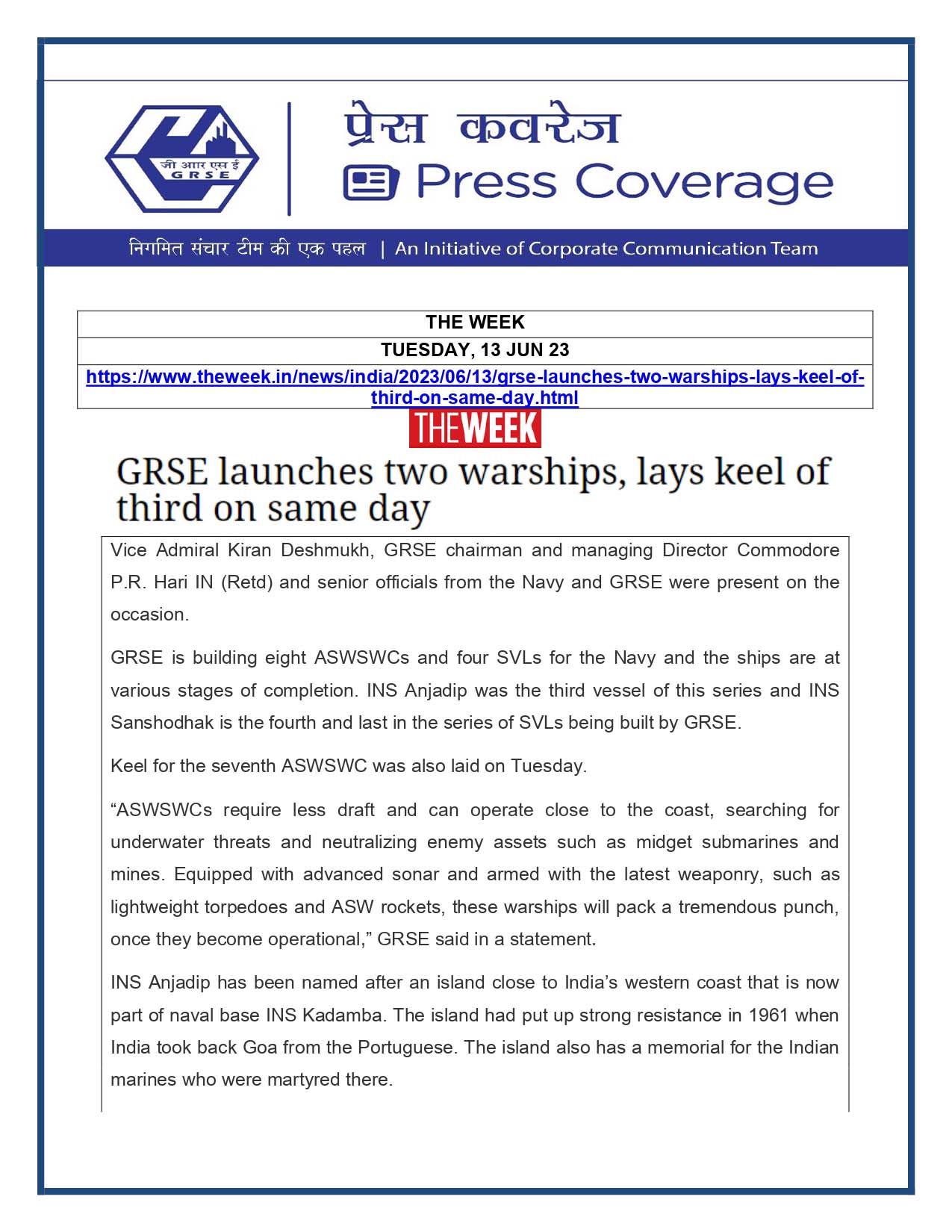 GRSE launches two warships, lays keel of third on same day