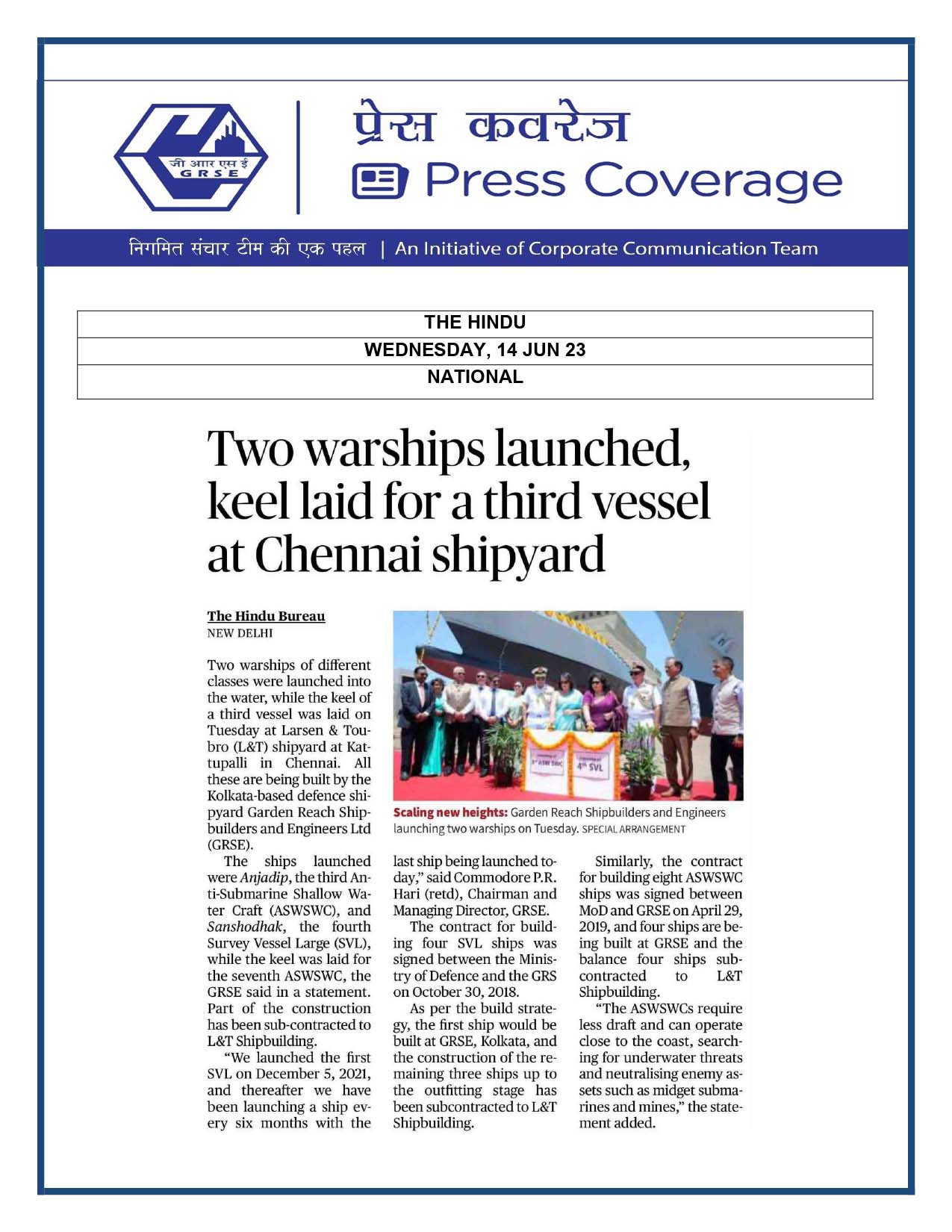 Two warships launched, keel laid for a third vessel at Chennai Shipyard