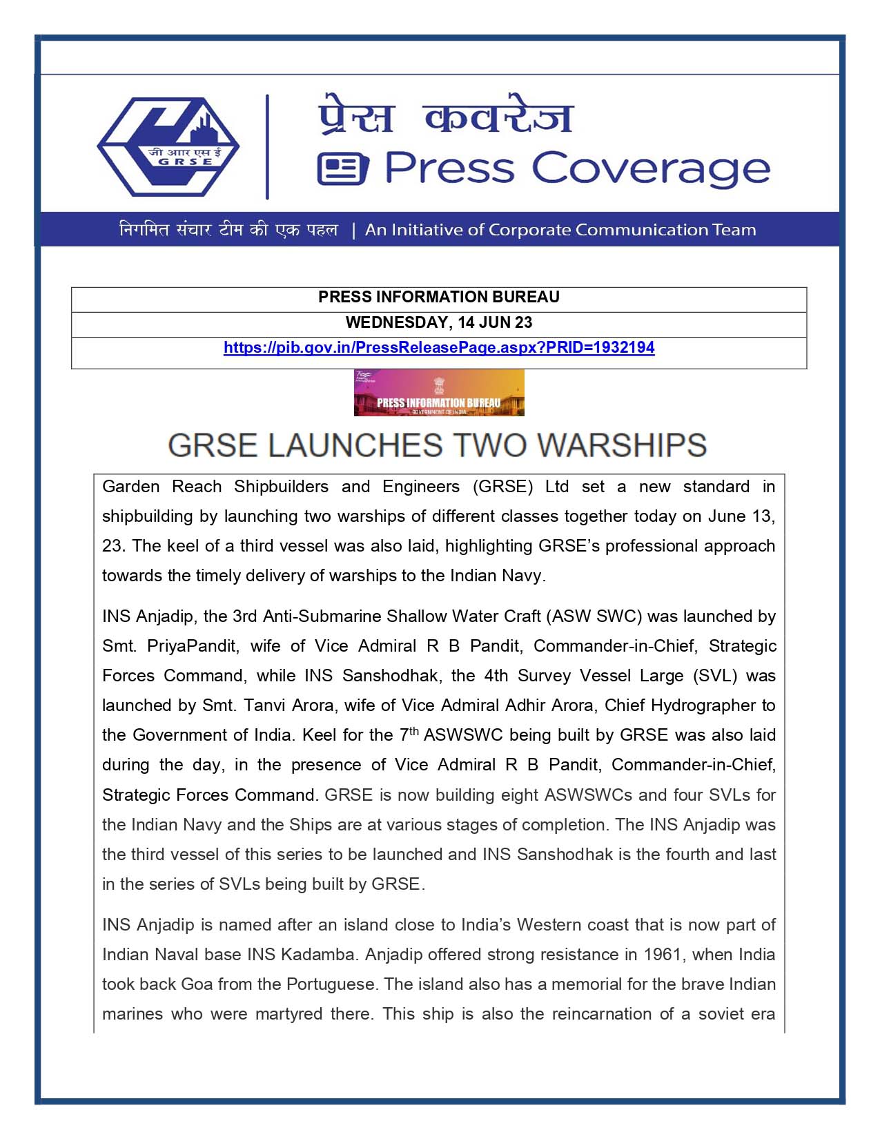 GRSE Launches Two Warships